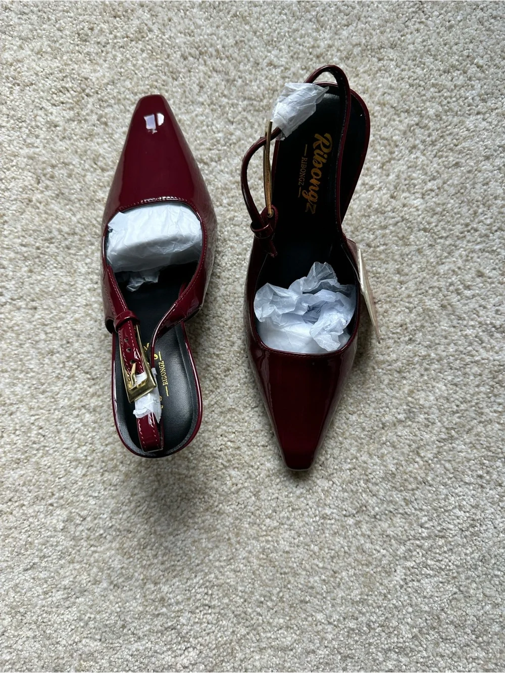 Burgundy Pointed-Toe Slingback Pumps with Gold Heel